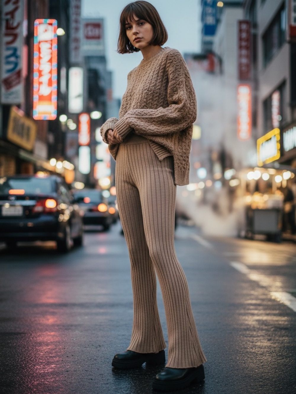 JLUXLABEL Oatmeal Wide Ribbed Flared Knit Pants Tan Size XS Cozy Loungewear